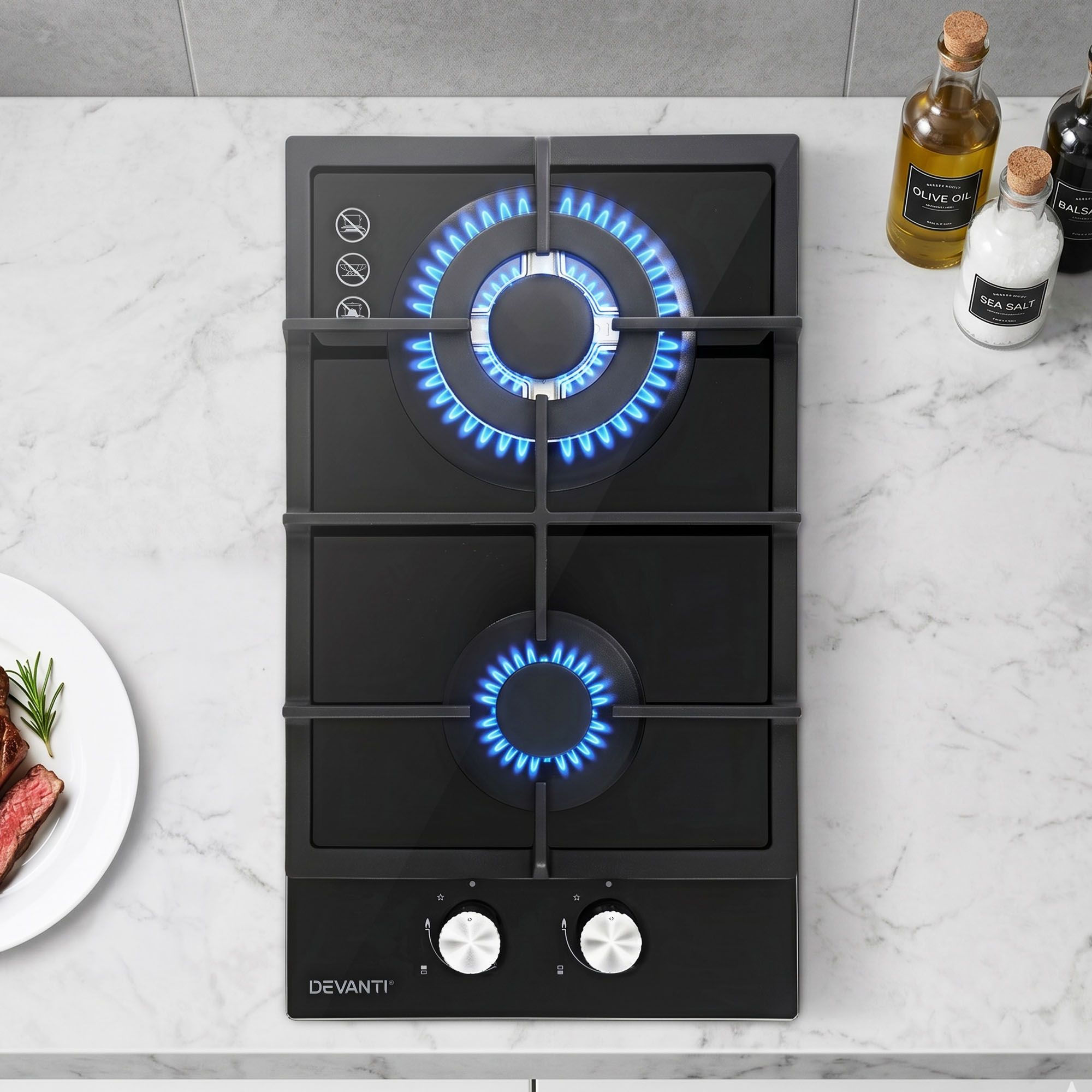 Devanti Gas Cooktop 30cm 2 Burner Built-in Stove Glass Cook Top NG LPG Wok Burne