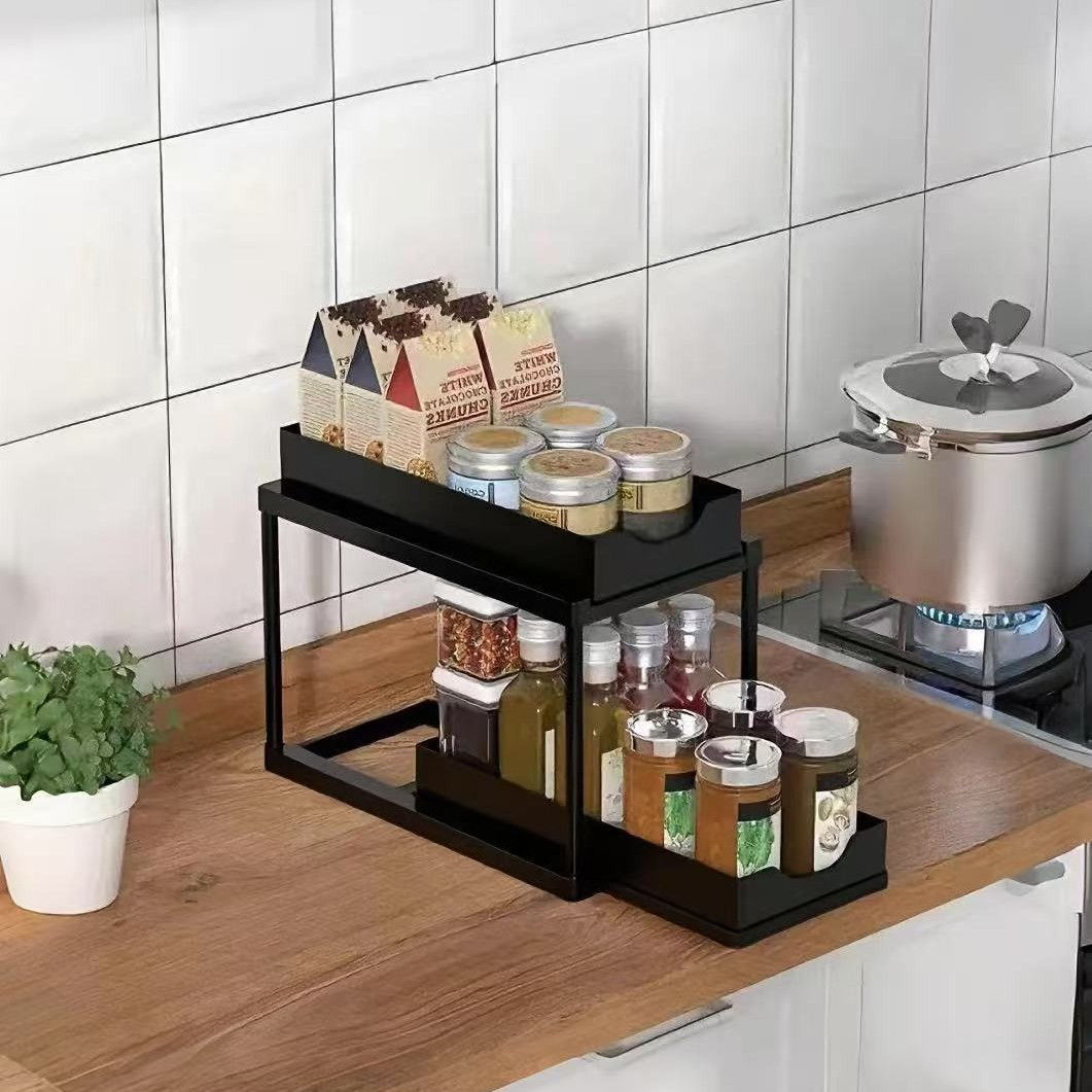 BLACK Two-tier pull-out storage rack. An organizational lifesaver for under the