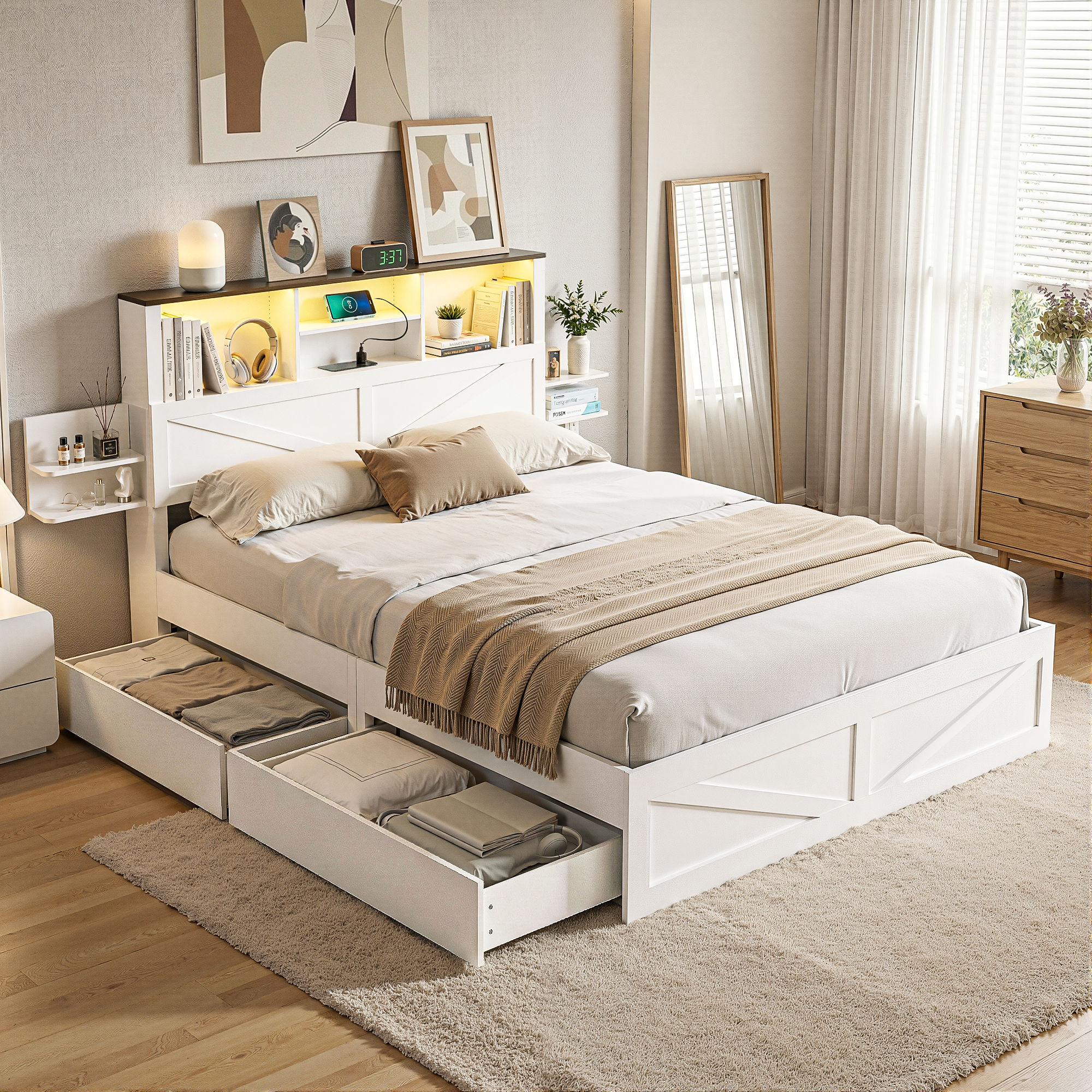 Artiss Double Bed Frame with Storage Drawers White Platform Bedframe with