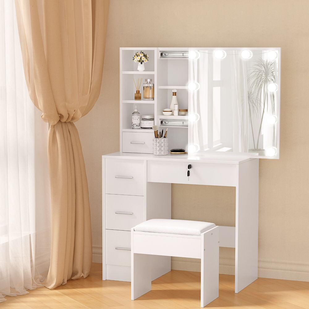 Artiss Dressing Table Set Stool 10 Led Bulbs White Dylan