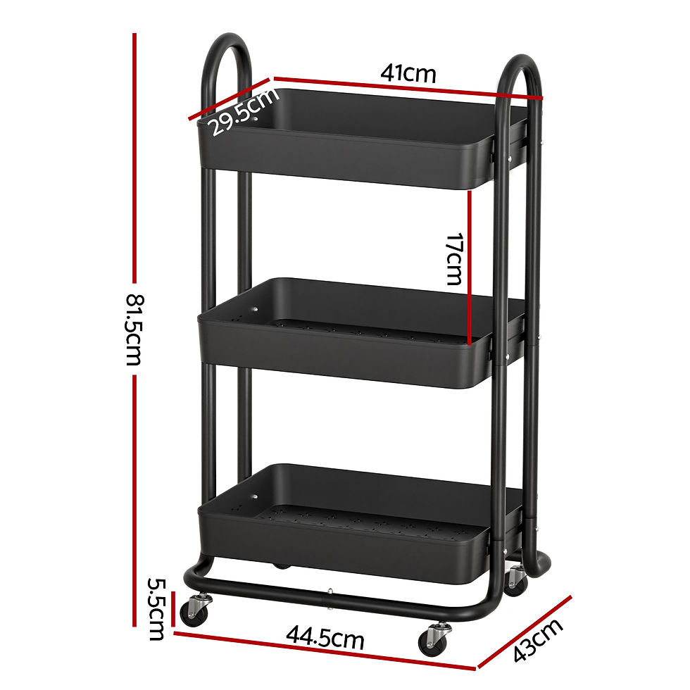 Artiss Storage Trolley Kitchen Cart 3 Tiers Rack Shelf Organiser Wheels Black – alternate product view 2