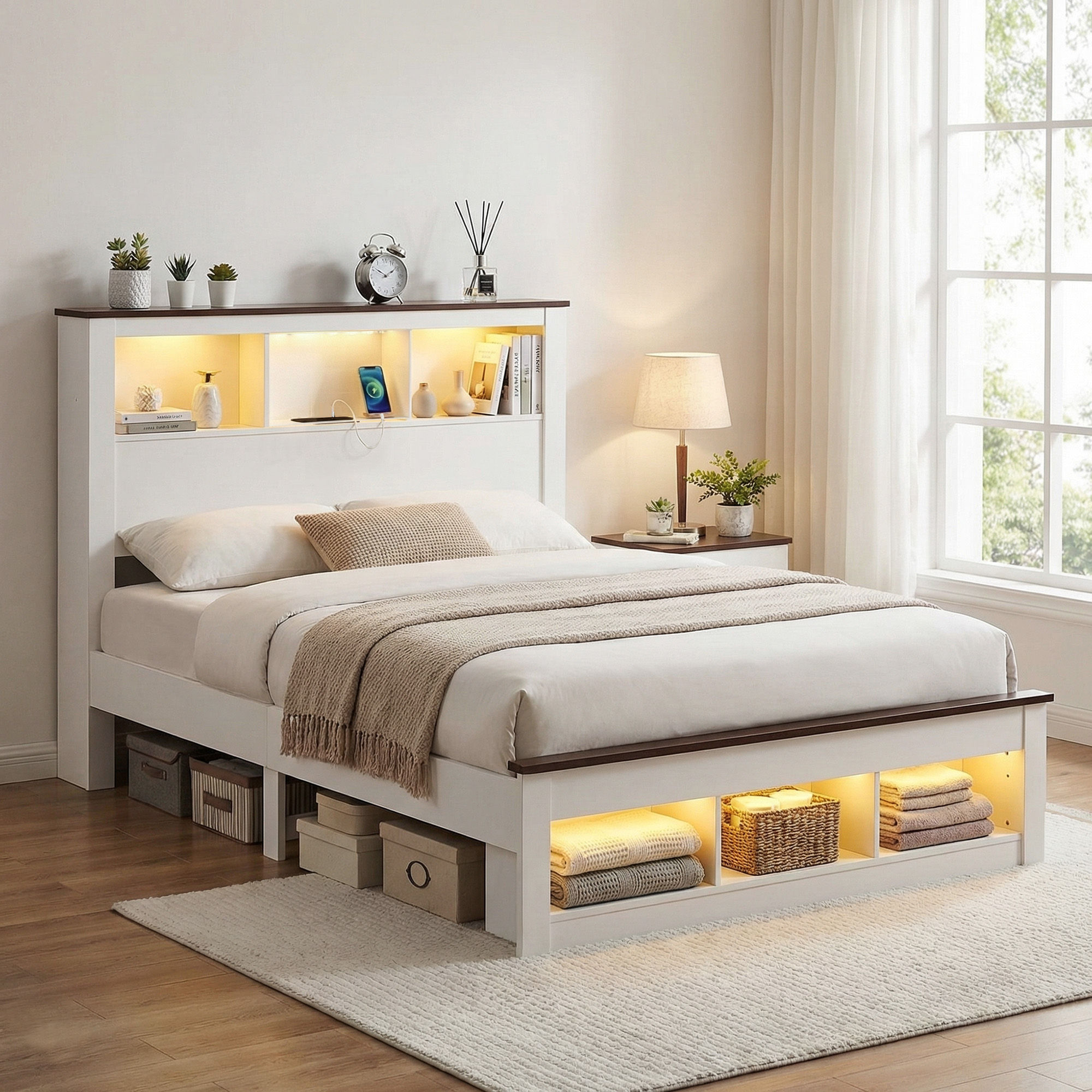 Artiss Queen Bed Frame with Storage Bookcase Headboard and Footboard White