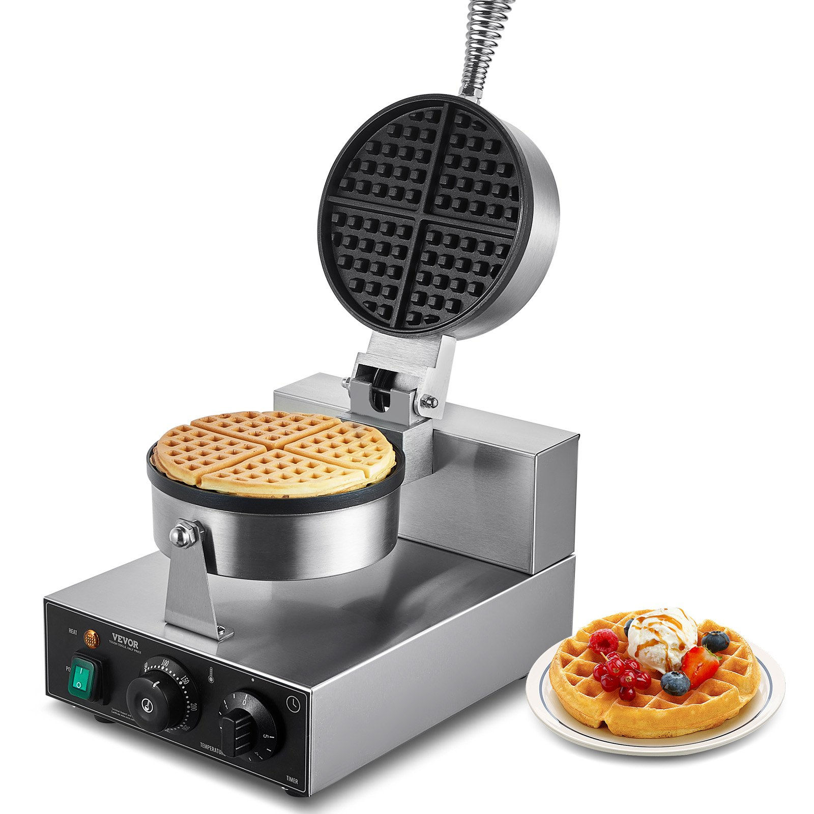 Commercial Waffle Maker, 1230W Round Waffle Baker Machine, Non-Stick Stainless S
