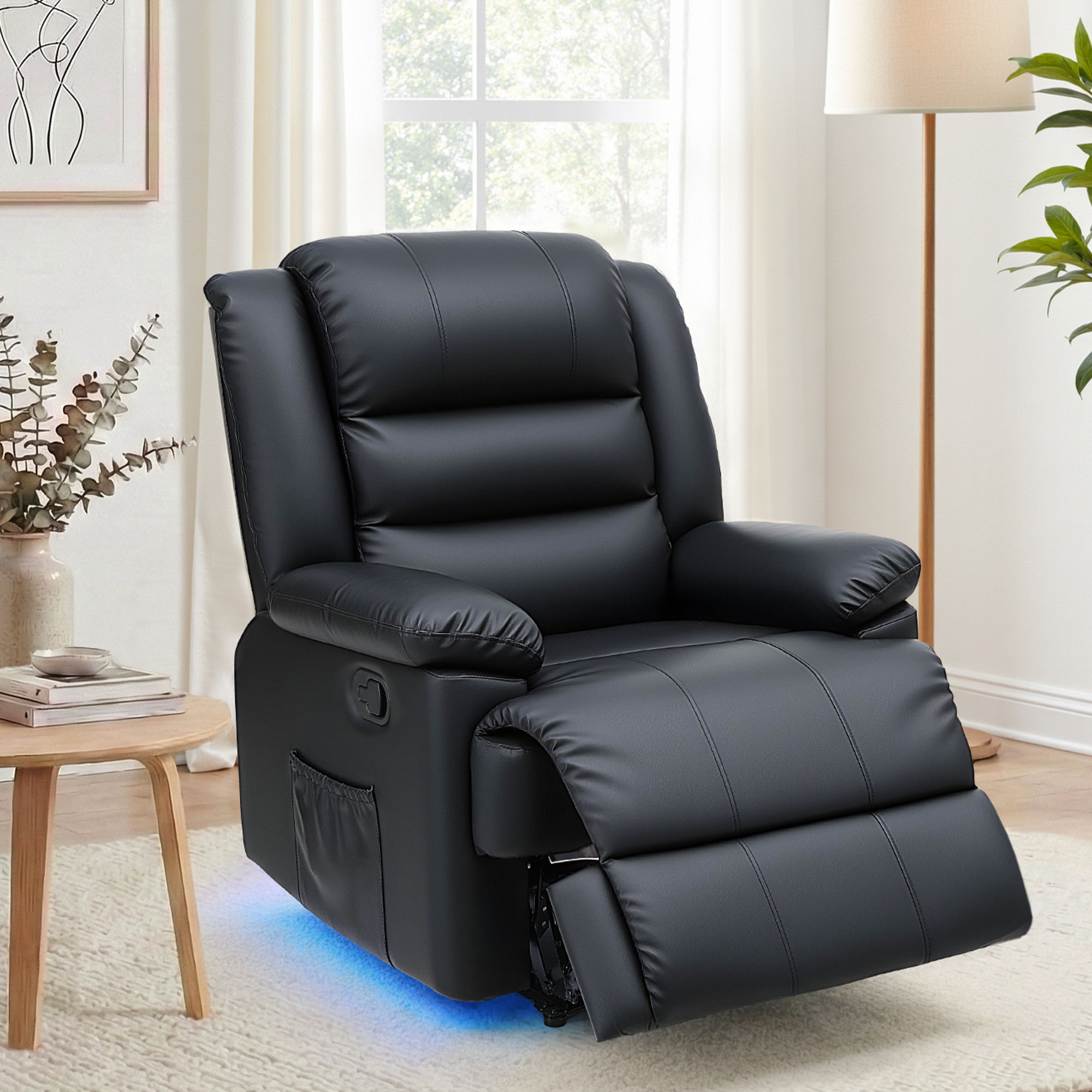 Artiss Manual Recliner Chair Leather Reclining Sofa with 16color Led Black