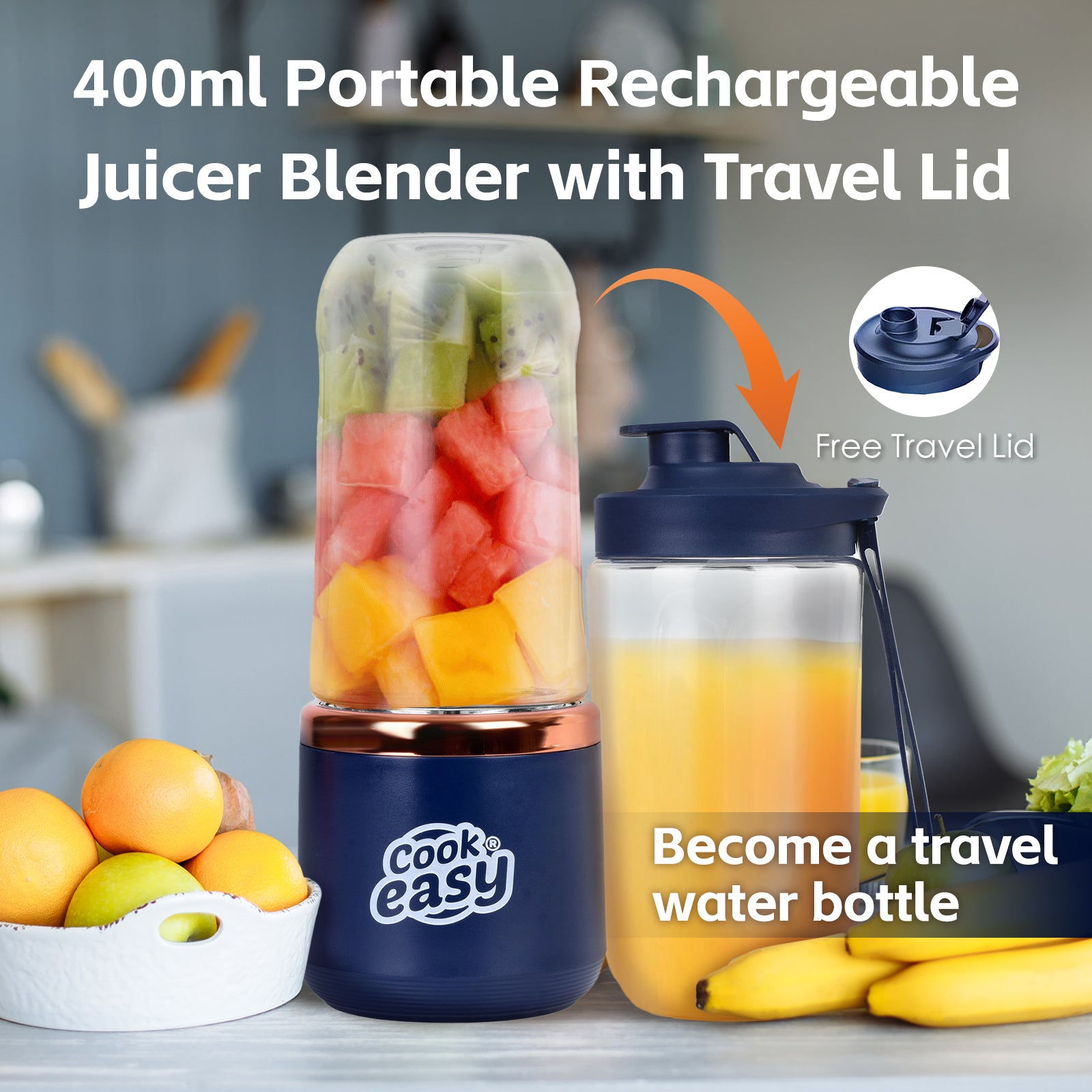 400ml USB-C Rechargeable Portable Juicer with Travel Lid – Personal Blender for