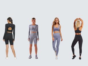 Four female models posing in coordinated Aesthetics Dynasty activewear, showcasing luxe performance leggings, sports bras, and matching sets in a Parisian-inspired style.