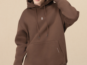 Male model wearing Aesthetics Dynasty Luxe Fleece Brown Hoodie, showcasing Parisian-inspired athleisure style.