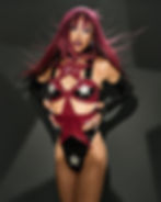 Paige is seen centre of the image against a black backround with a spotlight on her in the shape of a star. She is seen with a long red wig with bangs, which is being blown in the wind. She is wearing a red, black and silver leather bodysuit with a large star to make the main body, with smaller stars across. She is also wearing long black gloves with finger holes, showing her long white nails, black fishnet tights and large silver star earrings. She is wearing a high glam look, with a red lip, large lashes and a red and white eyeshadow look with stars at the centre.