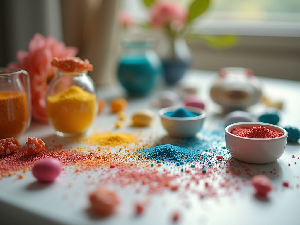 A collection of colorful craft supplies including paints and wooden beads arranged on a table.