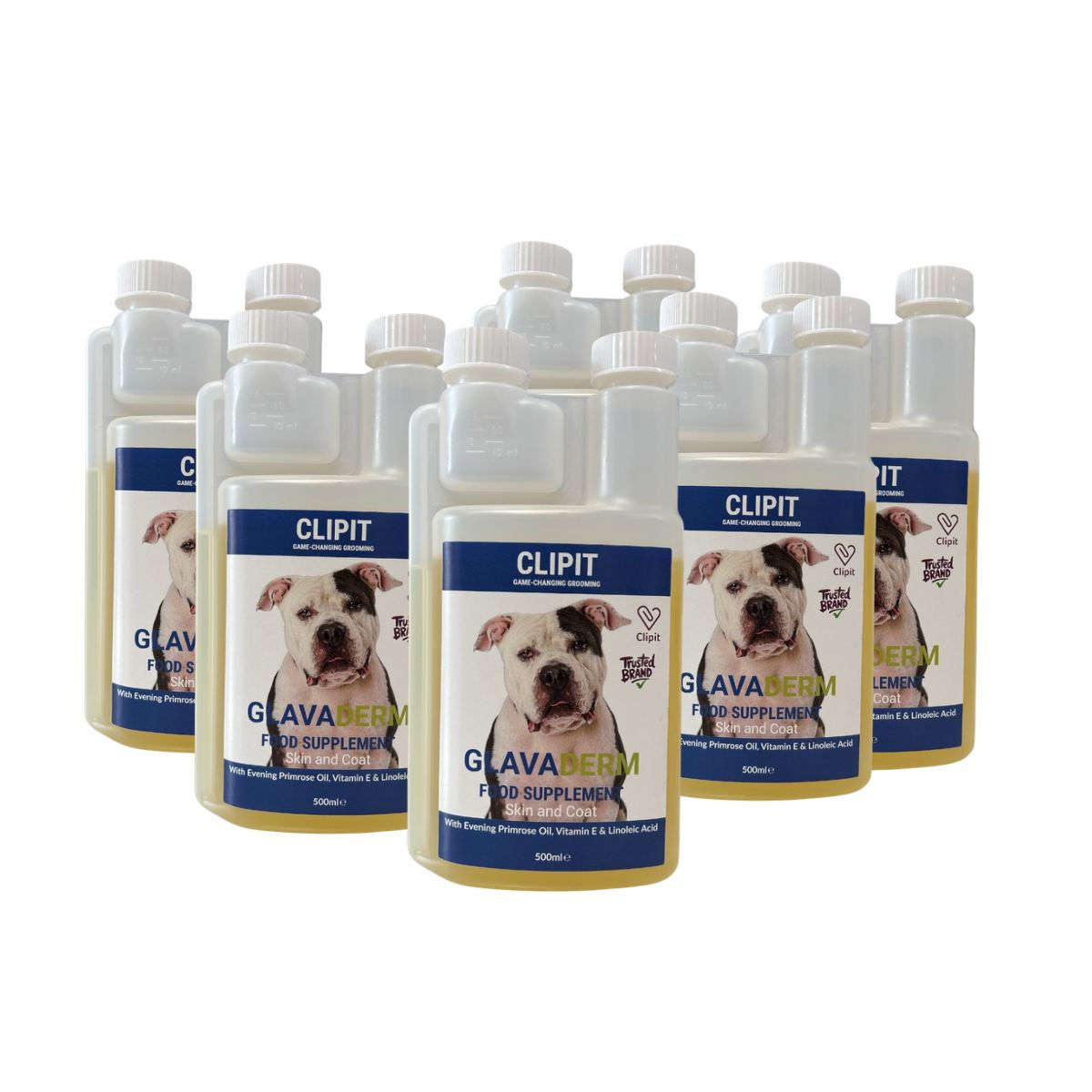 Six 500ml bottles of Clipit Glavaderm food supplement for dogs, sold as a trade box of six.