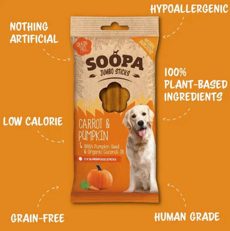 Thumbnail: A packet of Soopa Dental sticks showing the product information.