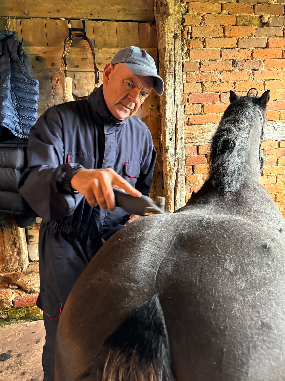 A man clipping a pony wearing a cap and clipit suit. He is holding a pair of clippers and they are in a stable.
