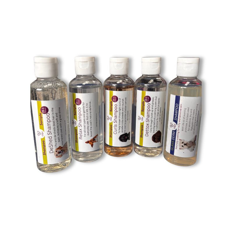 A selection of Clipit shampoo samples in a row.