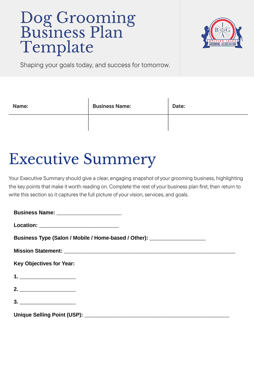 The Biga Dog Grooming Business Plan Template first page