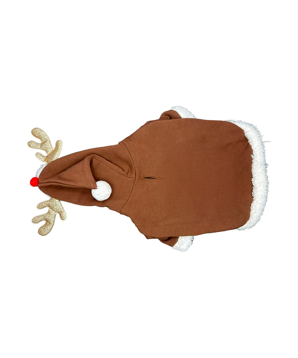 Brown reindeer dog hoodie laid flat, showing glitter antlers, red nose detail