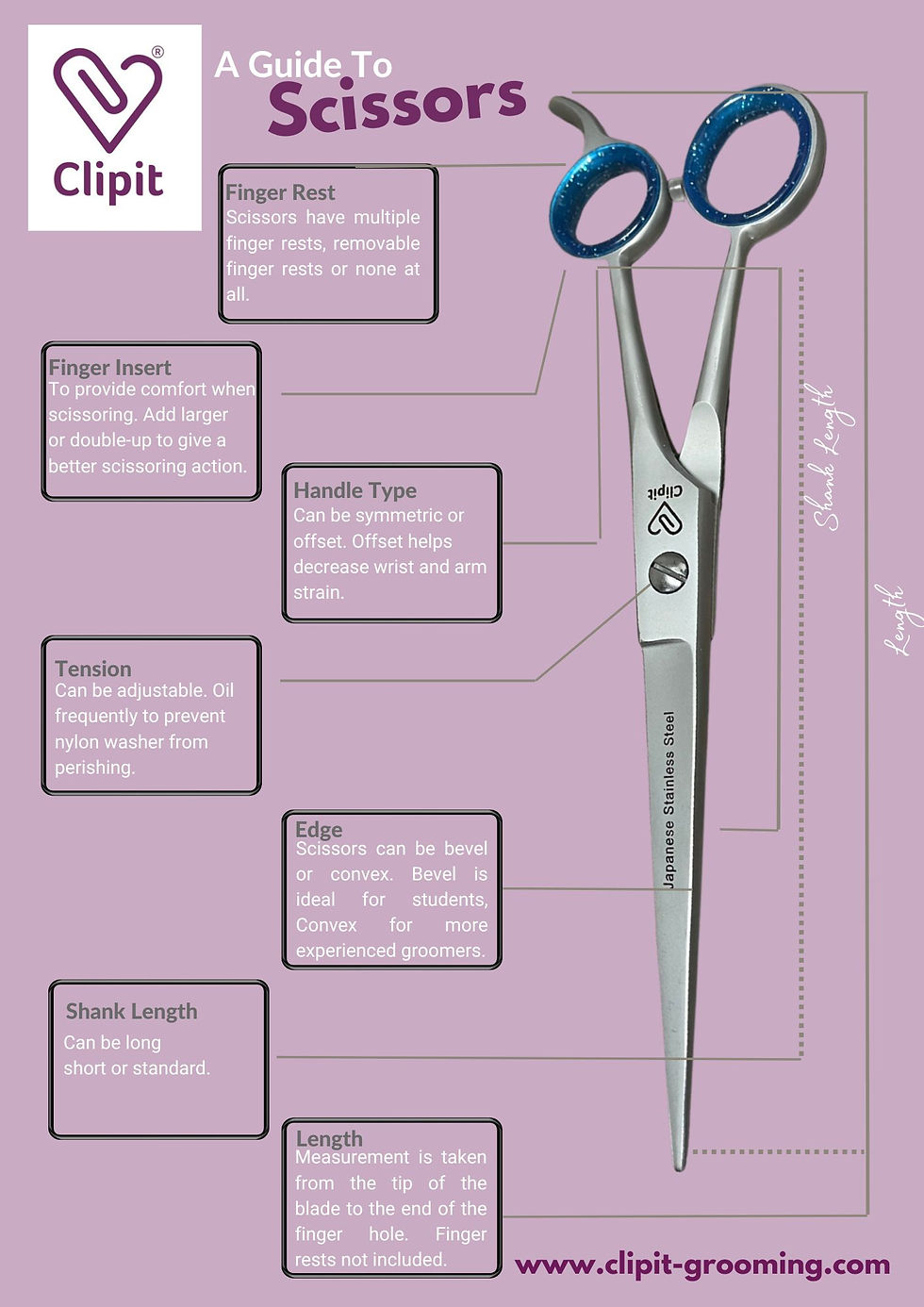 A guide to scissors with a pair of straight scissors on the right with helpful tips on the left with a purple background.