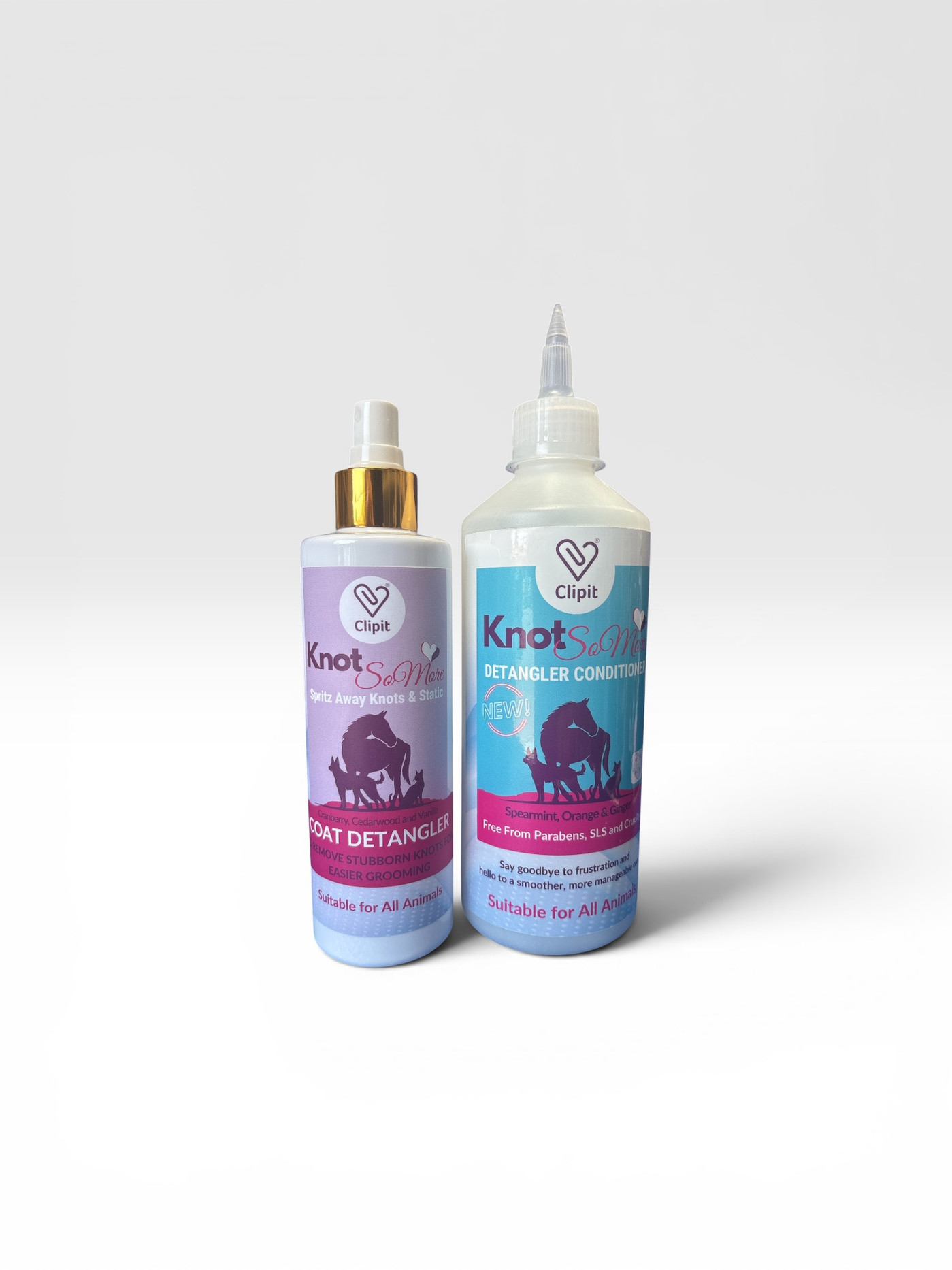 A bottle of Knotso More Detangler and Knotso More Conditioner stood next to one another.