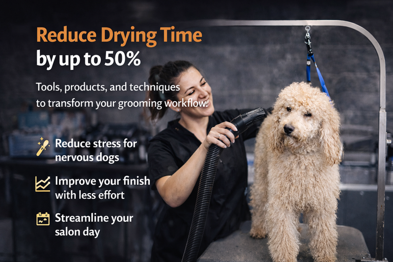 A dog groomer drying a dog with a hair dryer