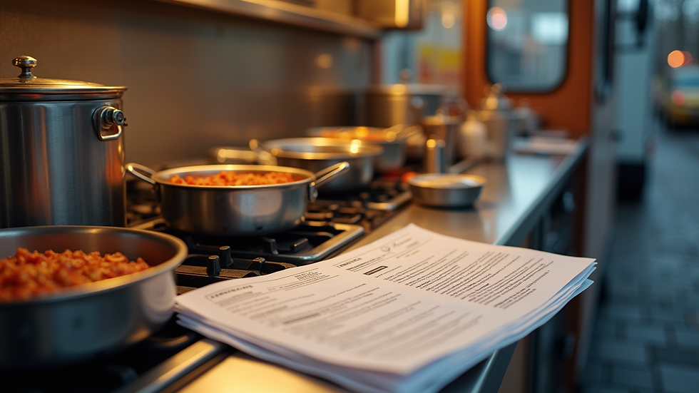Close-up view of a food truck’s cooking equipment and insurance documents