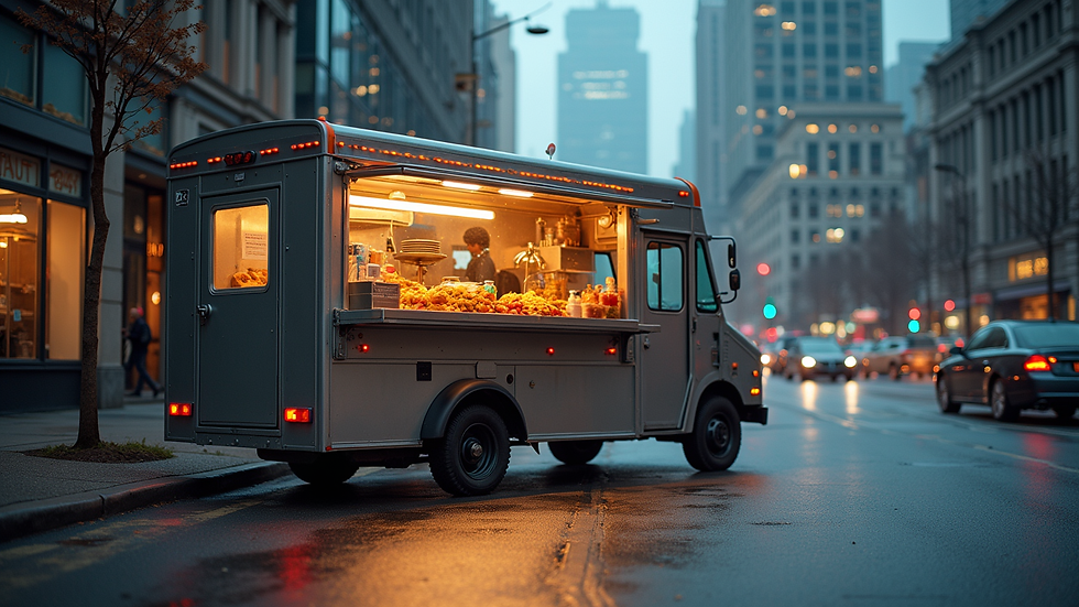 Eye-level view of a food truck parked at a city street corner