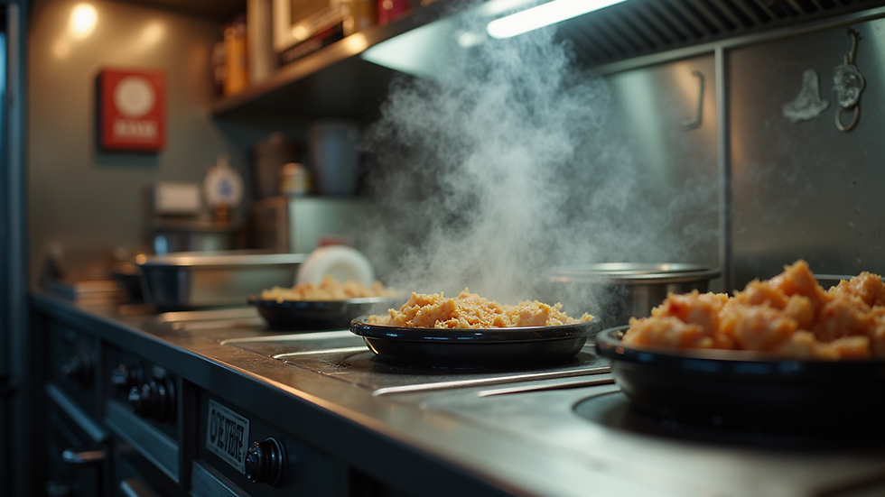 Close-up view of a food truck kitchen with cooking equipment