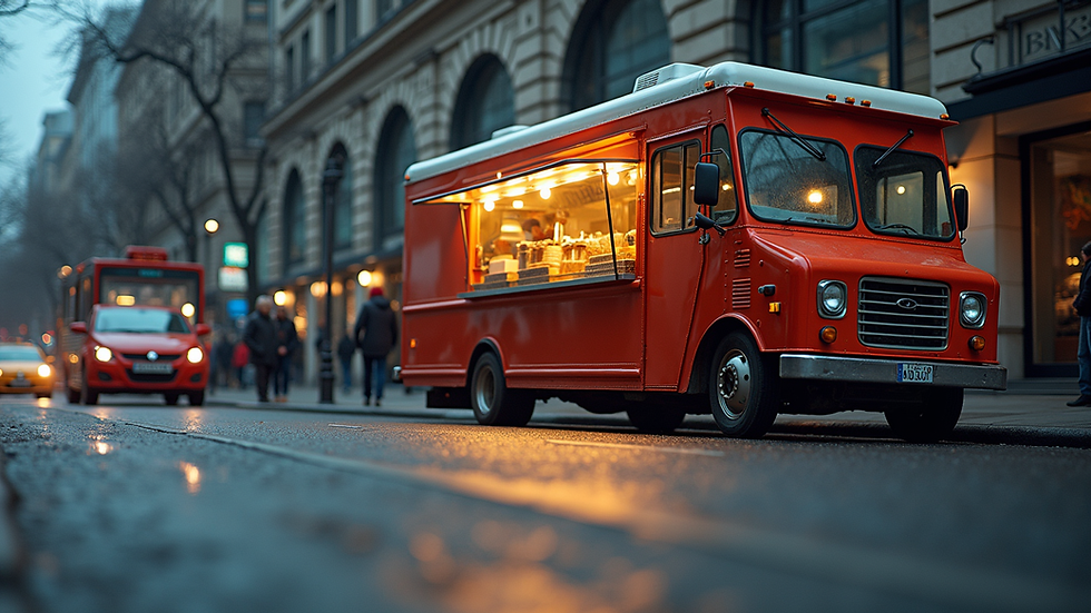 Eye-level view of a food truck parked on a city street