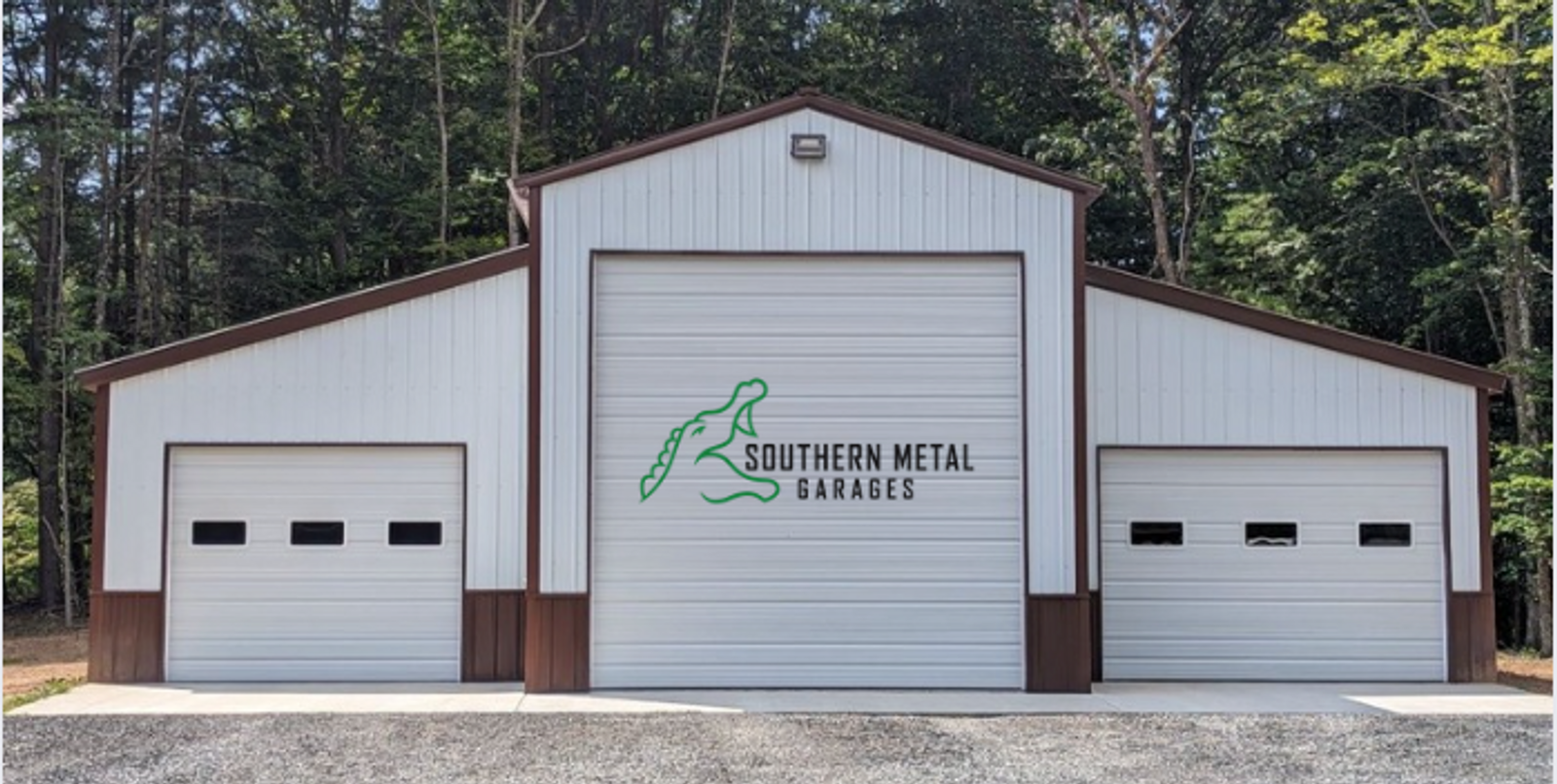 White and brown metal barn built by Southern Metal Garages
