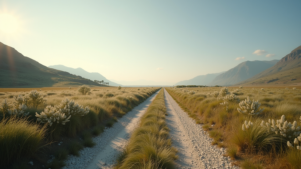 Eye-level view of a serene landscape with digital 3D elements