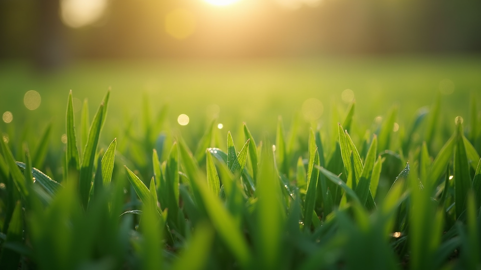 Close-up view of green grass blades with dew drops in autumn