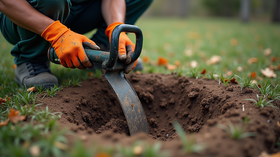 High angle view of arborist using air spade to excavate tree root collar