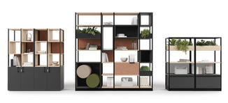COMBUS ist ein modulares Regalsystem, das nicht nur alle normalen Funktionen eines Regals erfüllt, sondern auch als Raumteiler geeignet ist. Es besteht aus verschiedenen Arten von Regalen, die freistehend, an der Wand oder auf Unterschränken aufgestellt werden können.