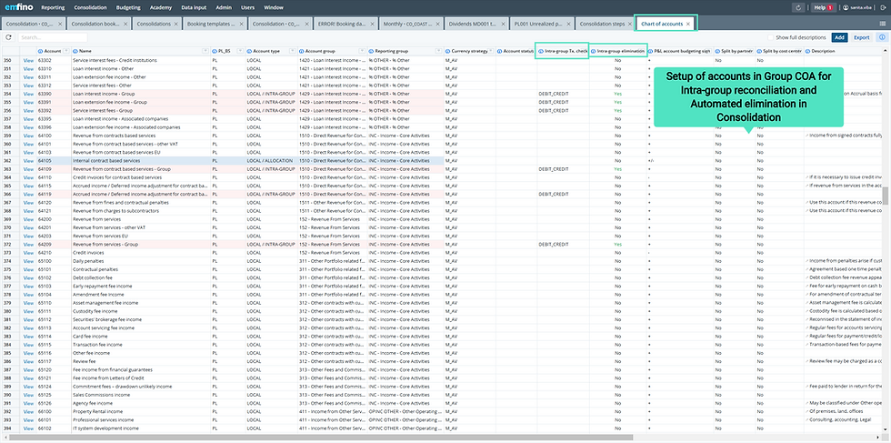 Emfino DEMO screenshot: Setup of automated elimination in Consolidation