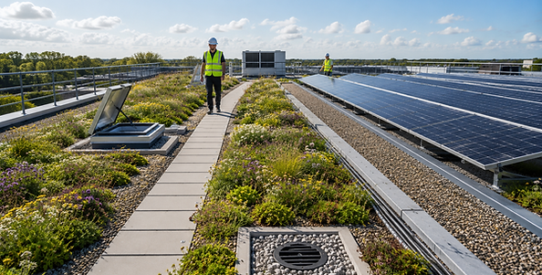 Worker on roof meeting biosolar roof safety requirements