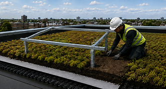 Worker installing biosolar roof layers explained by green vegetation and solar frame.