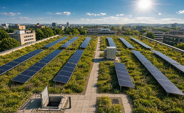 Solar panels installed on a lush biosolar roof maintenance site.