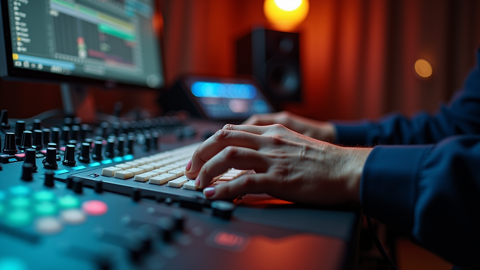Close-up view of a music producer working on a digital audio workstation