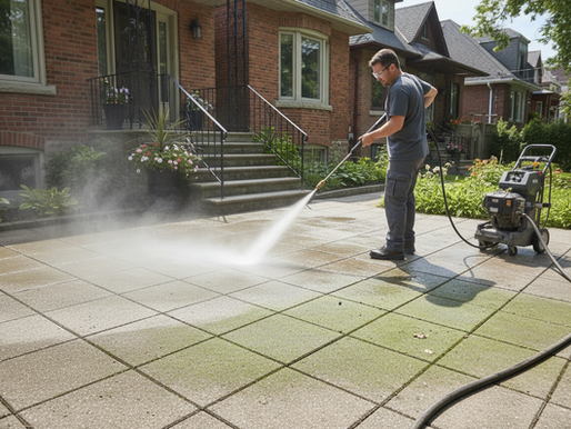 Nettoyage haute pression d’une terrasse à Montréal : lavage professionnel de pavés et dalles pour enlever mousse, saleté et taches, avec protection des zones sensibles et résultat sécuritaire.