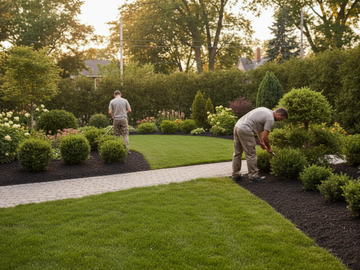 Entretien de jardin à Montréal : équipe professionnelle qui désherbe des plates-bandes, taille des arbustes et nettoie une cour résidentielle pour un résultat propre, constant et durable.