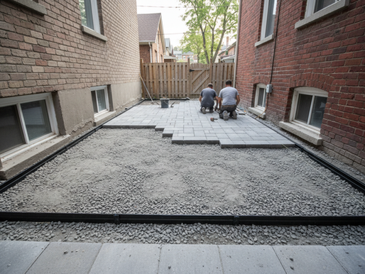 Installation de pavé uni au centre de Montréal : terrasse résidentielle en pavés de béton avec joints propres, bordures solides et pente légère pour le drainage, réalisée par une équipe professionnelle.