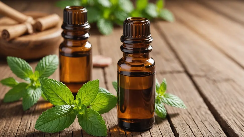 Close-up view of a bottle of peppermint essential oil on a wooden table