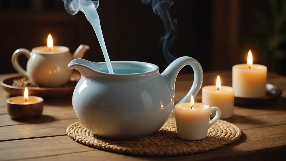 Eye-level view of a neti pot with warm saline water beside an aromatic candle