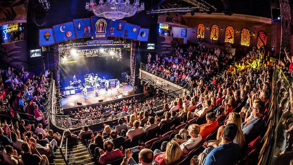 Concert at House of Blues Las Vegas packed with people, band performing on stage. Bright lights, colorful banners.