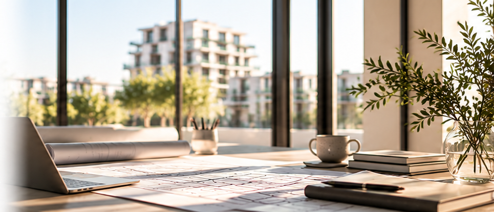 Bureau de travail avec plans d’un projet immobilier