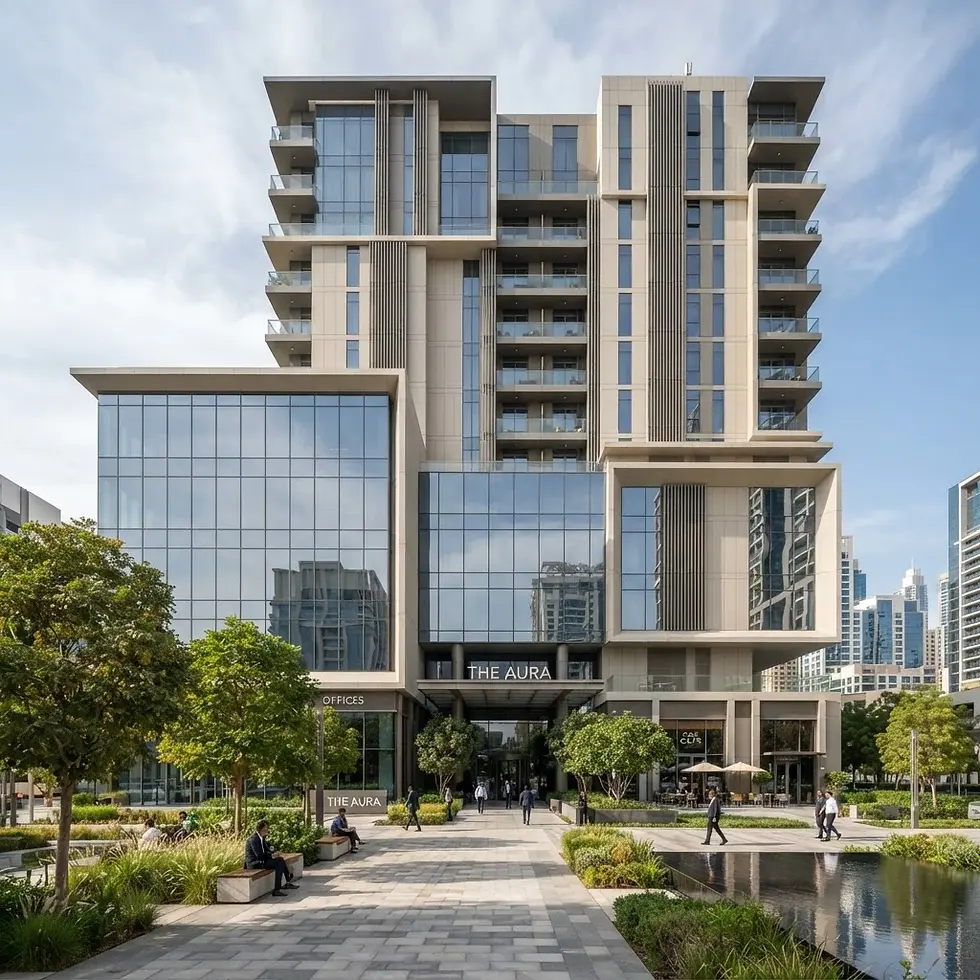 Architectural photography of a modern, multi-story building with extensive glass facades set in a verdant urban park. The scene depicts a bright, contemporary cityscape with people enjoying the outdoor space.