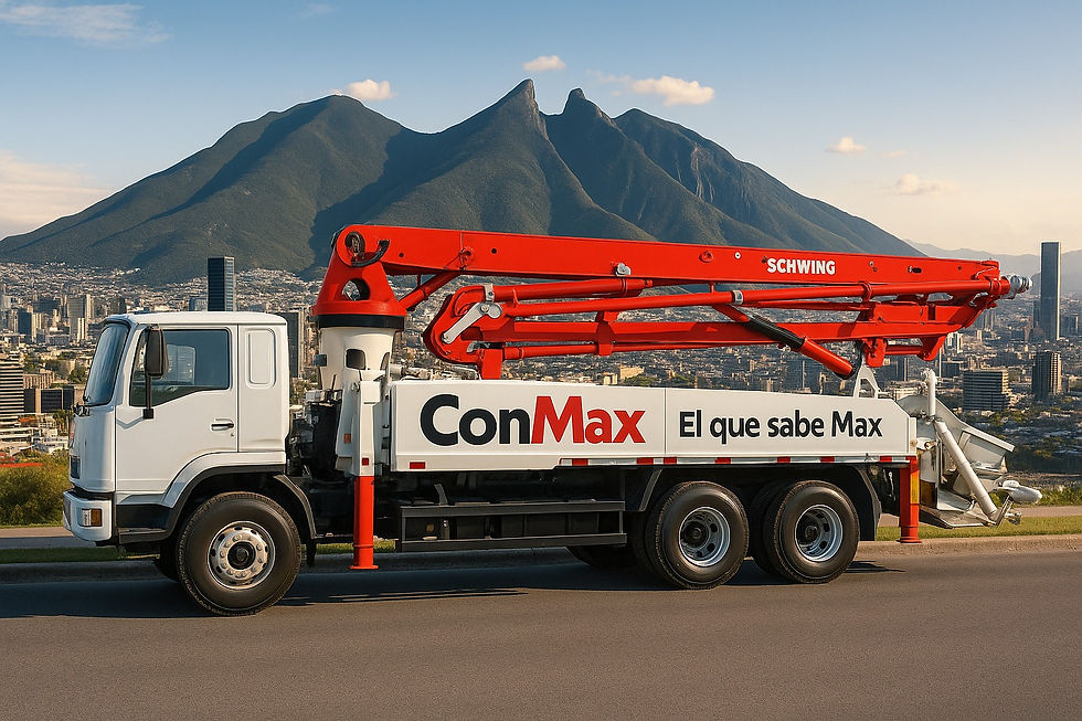 Vista de un camión de concreto de Con Max en una obra de construcción