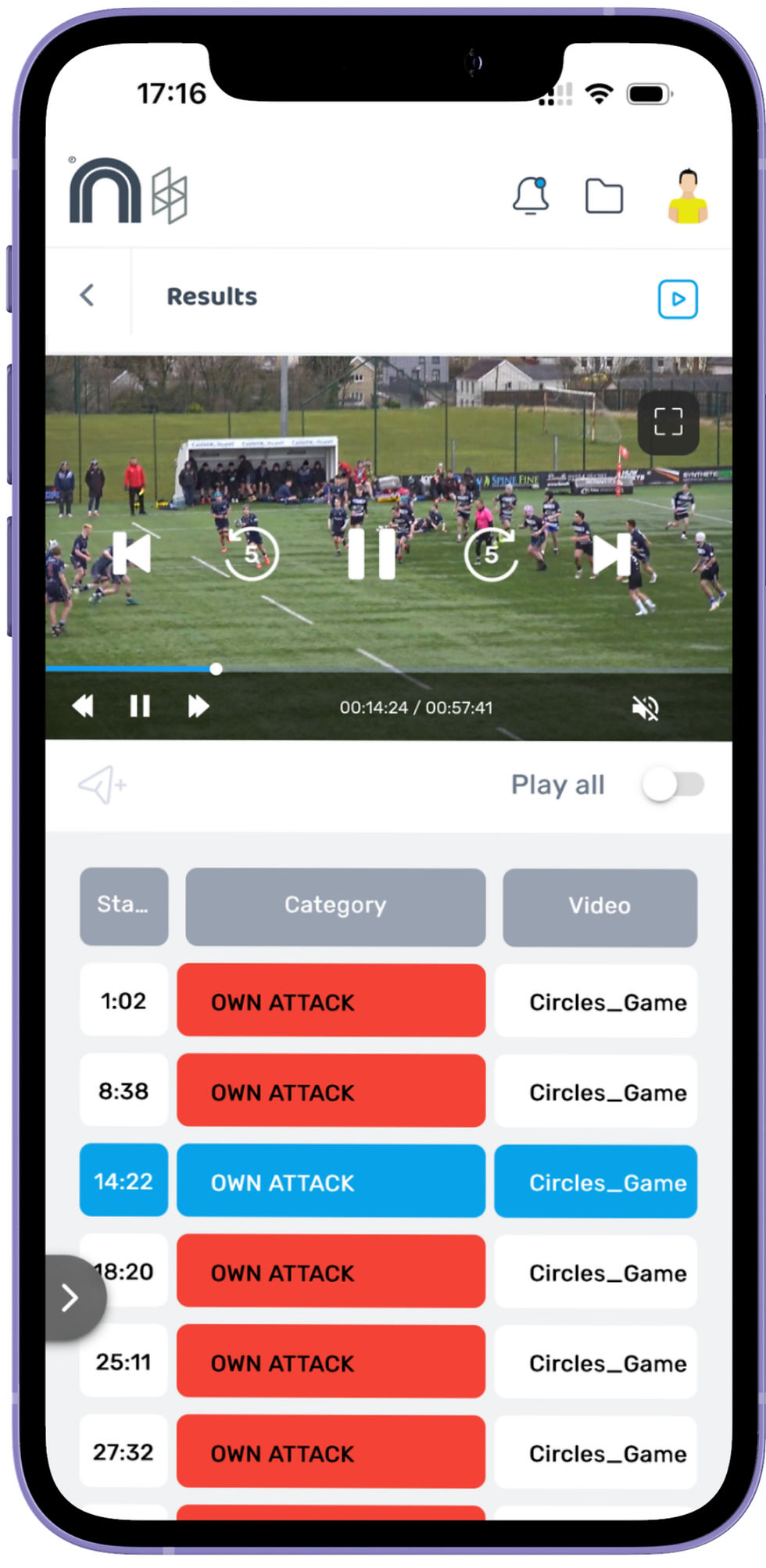 Share player moments to Nacsport Hub so players can review their clips online, scrub through footage and add comments.