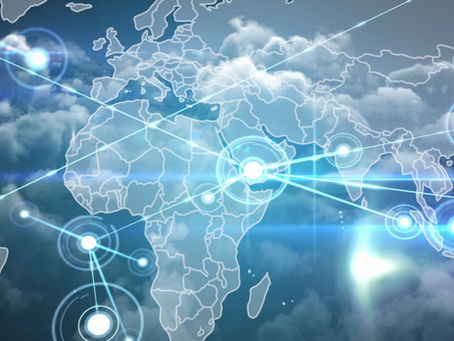 Image of network of connections over world map.