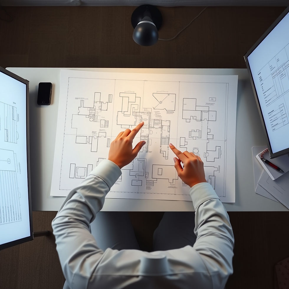 Someone at a drafting table or desk with blueprints_drawings spread out — overhead or 45°