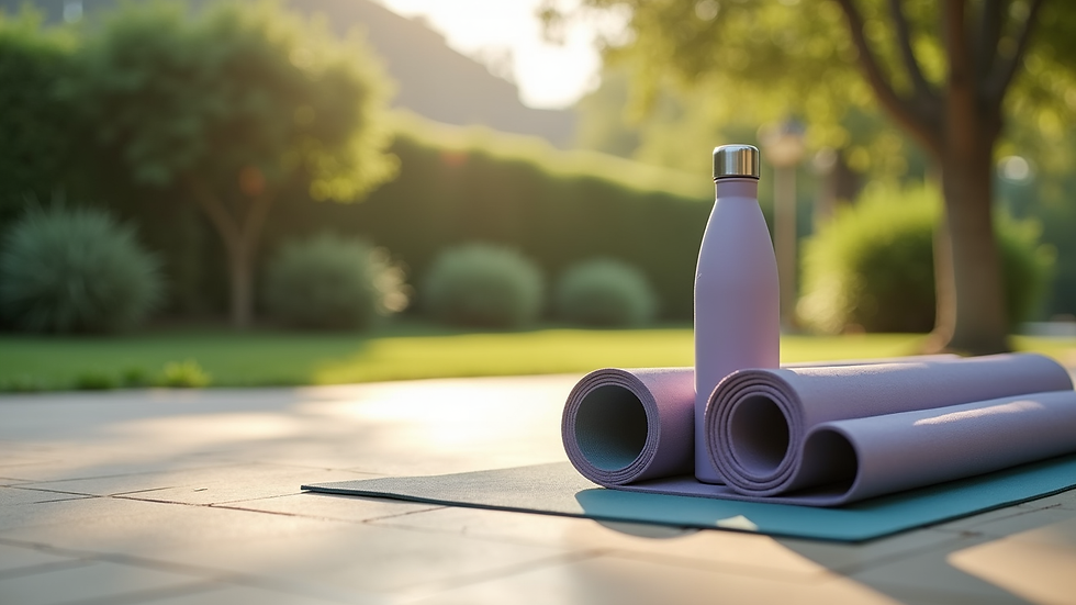 Eye-level view of a serene outdoor space with a yoga mat and water bottle
