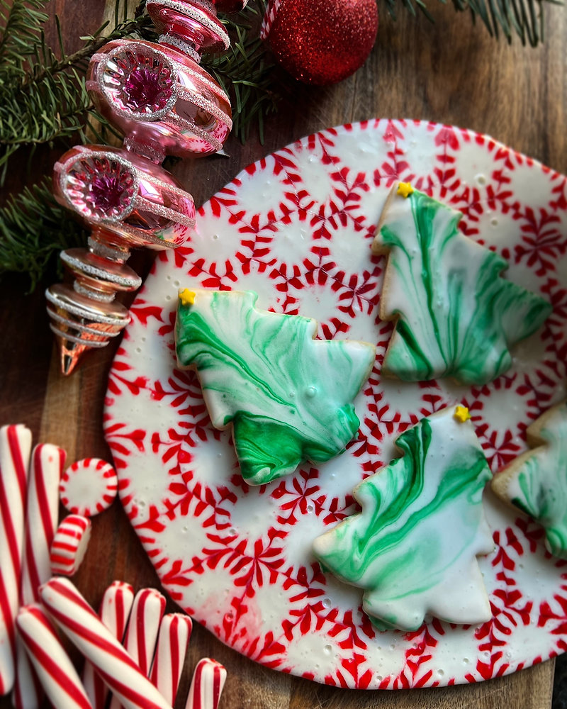 Holiday sugar cookies+royal icing+peppermint candy platter for Santa